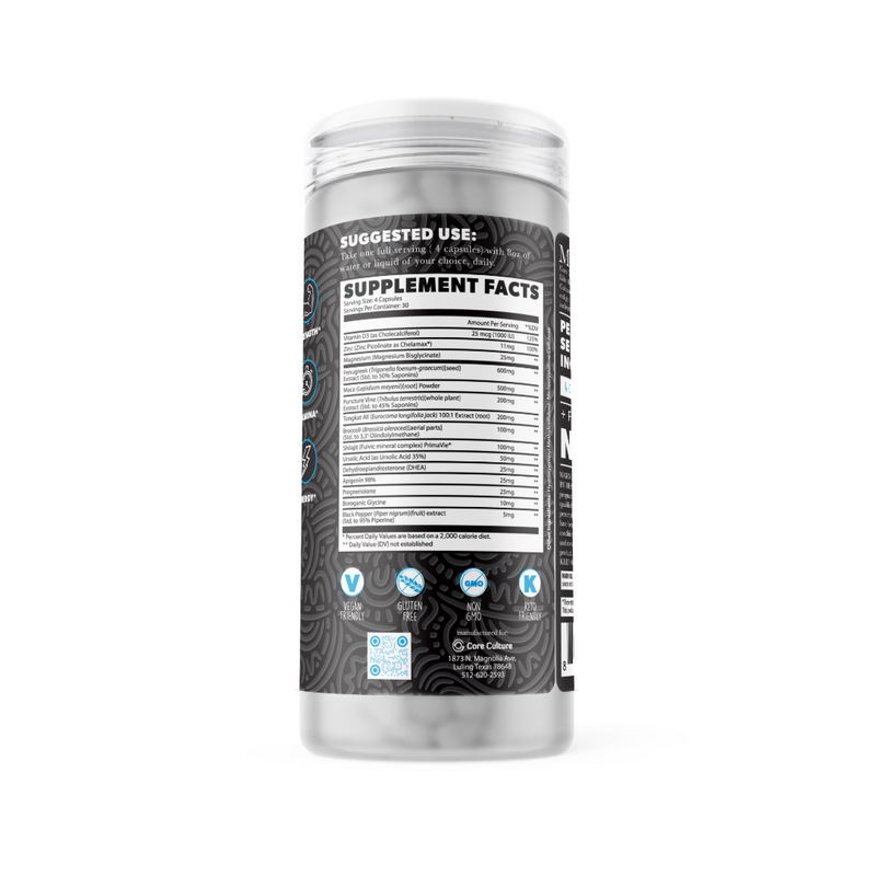 Load image into Gallery viewer, Supplement Facts for Core Culture Men's Hormone Support. 30 servings. Per 4 capsules: 25mcg Vitamin D3, 11mg Zinc, 50mg Magnesium, 600mg Ashwagandha, 500mg Maca, 200mg Tongkat Ali. Facility allergen warning details in text description.
