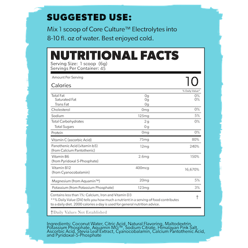 core culture electrolyte Supplement facts panel